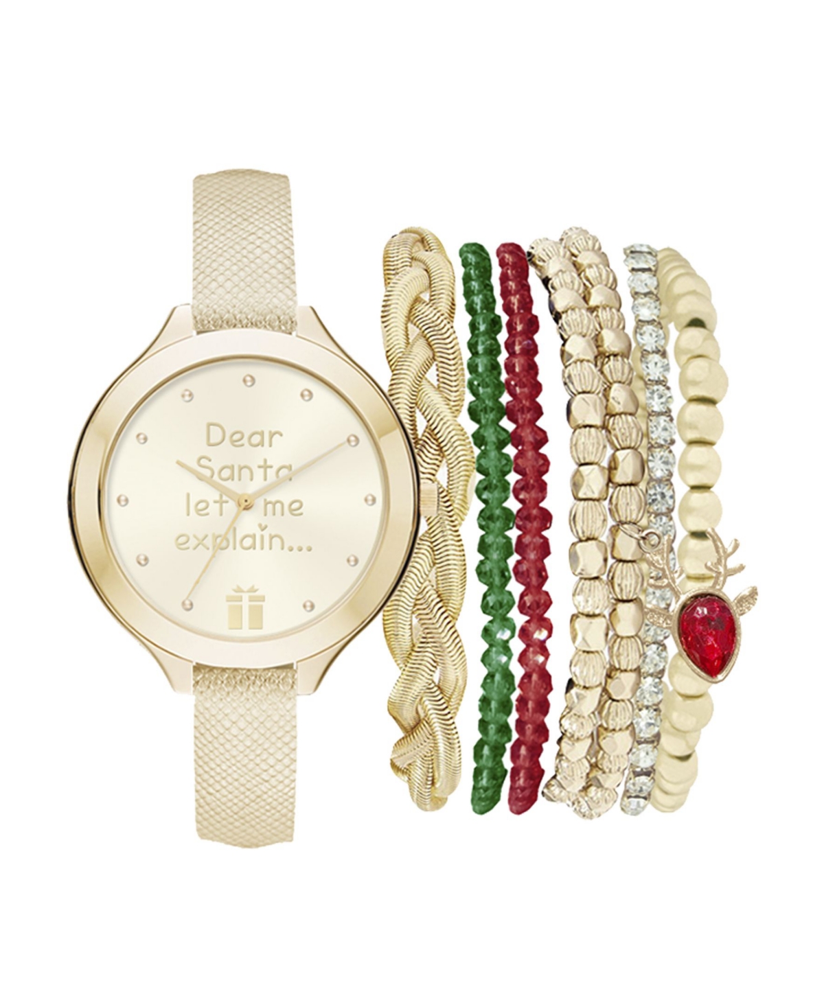 Women's Analog Dear Santa Strap Watch 34mm with Red, Green and Gold-Tone Bracelets Set - Gold-tone