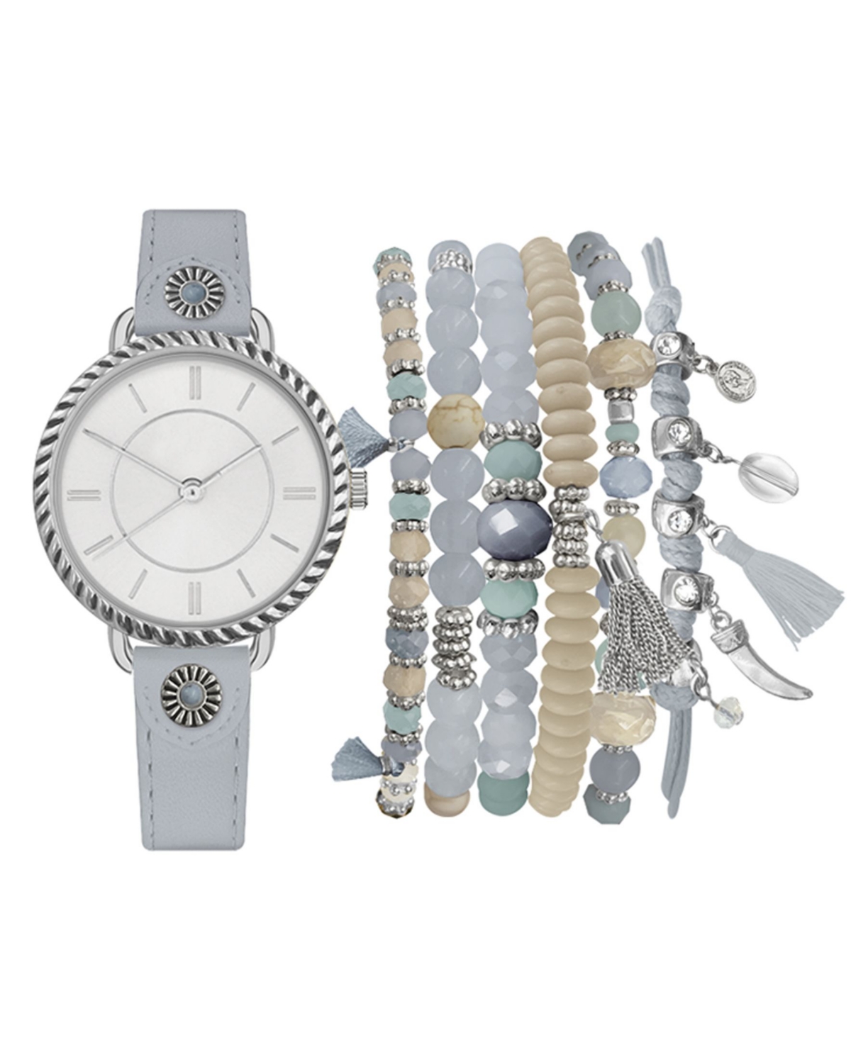 Women's Analog Gray Strap Watch 32mm with Beaded Bracelets Set - Gray