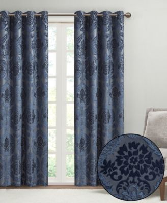 Amelia Knitted Jacquard Paisley Total Blackout Grommet Top Curtain Panel, Single Curtain with Privacy Lining for Bedroom and Living Room, Width 50 length 108 inches, Navy Window Panel