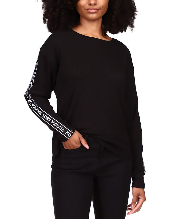 Michael Kors Petite Waffled Logo-Tape-Sleeve Top - Macy's