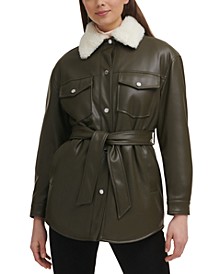 Women's Belted Faux-Leather & Faux-Fur-Trim Shirt Jacket