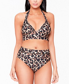 Leopard-Print Longline Halter Bikini Top & High-Rise Bottoms, Created for Macy's