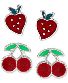 Children's 2-Pc. Set Enamel Strawberry & Cherry Stud Earrings in Sterling Silver