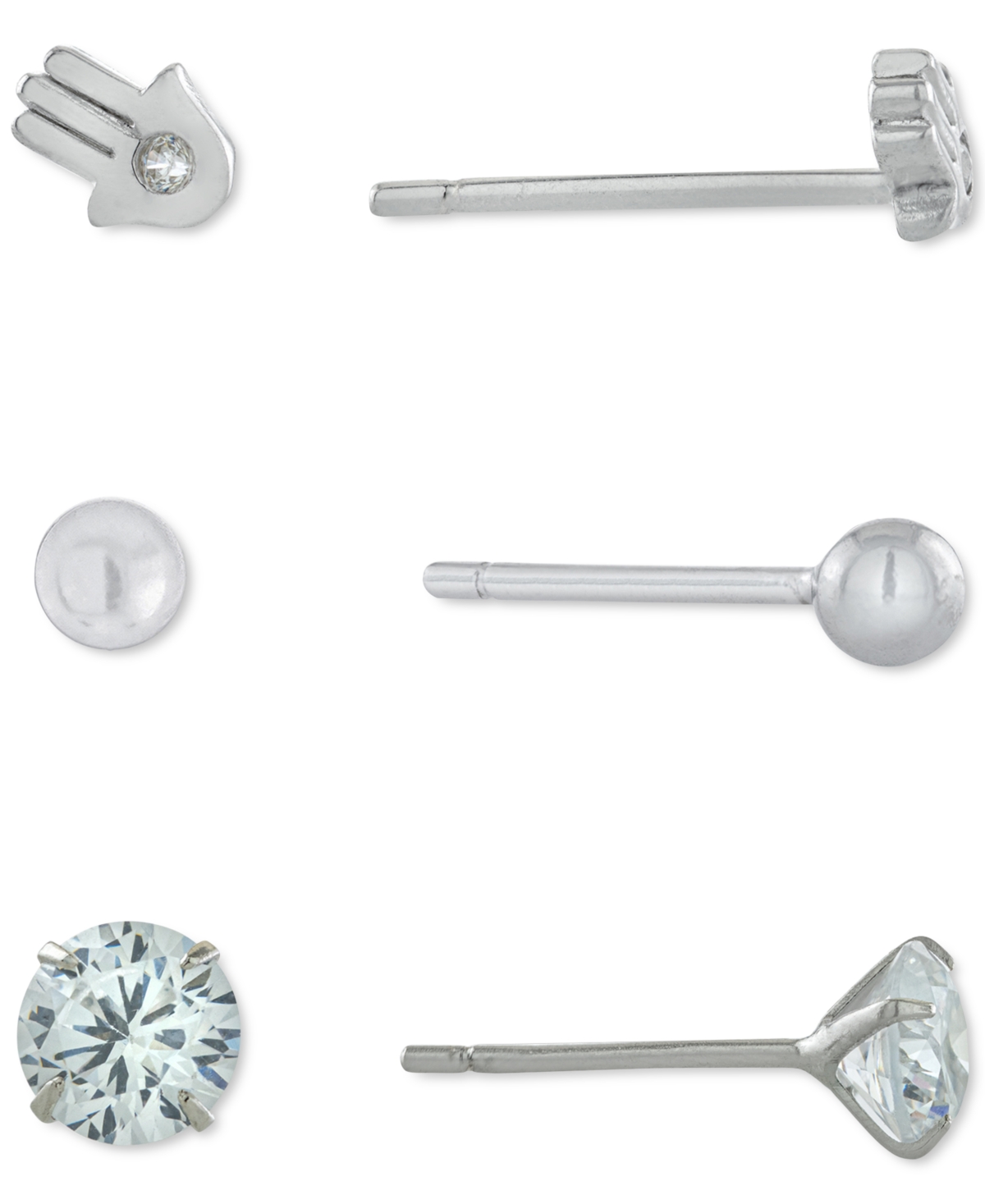 3-Pc. Set Cubic Zirconia, Hamsa Hand, & Polished Ball Stud Earrings in Sterling Silver, Created for Macy's - Sterling Silver