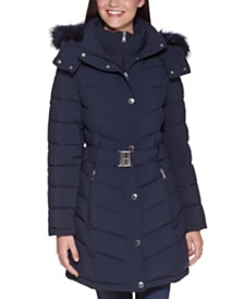 Tommy Hilfiger Women's Belted Faux-Fur-Trim Hooded Puffer Coat, Created for Macy's & Reviews - Coats & Women - Macy's