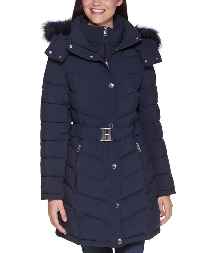 Tommy Hilfiger Women's Belted Faux-Fur-Trim Hooded Puffer Coat, Created for - Macy's