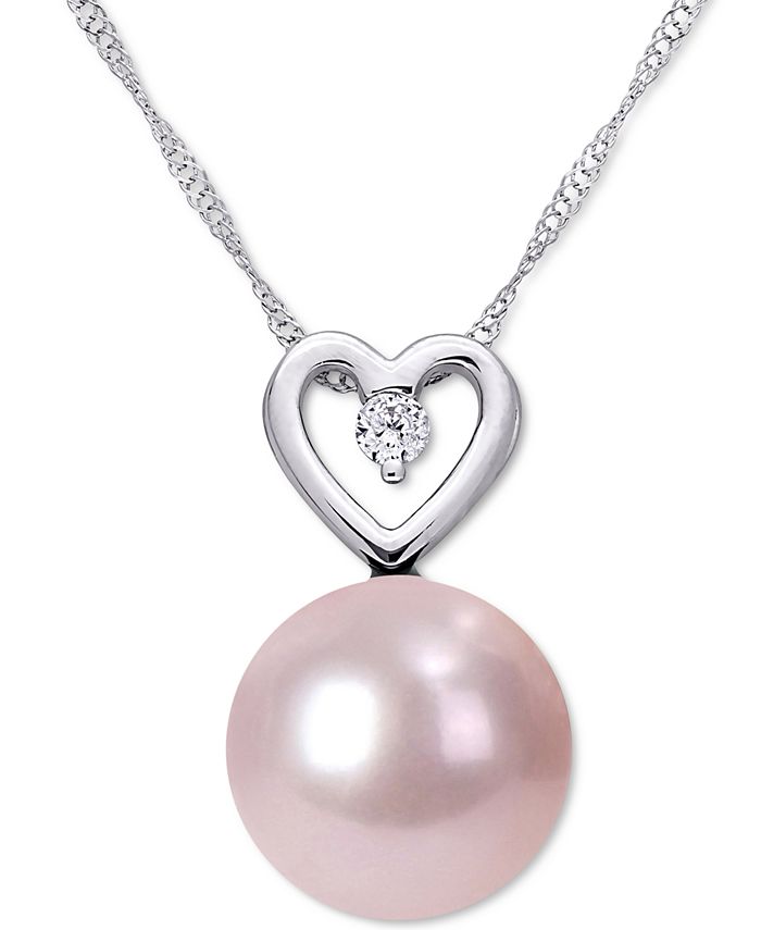 Macy's - Pink Cultured Freshwater Pearl (9-1/2mm) & Diamond (1/20 ct. t.w.) Heart 17" Pendant Necklace in 10k White Gold