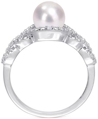 Cultured Freshwater Pearl (7mm) & Diamond Accent Openwork Ring in Sterling Silver