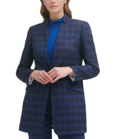 Petite One-Button Plaid Blazer