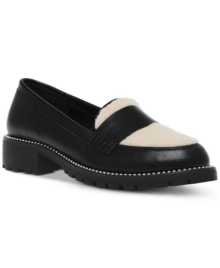 Faux fur trim shop loafer mules