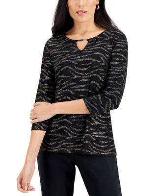 JM Collection - Glitter Zebra-Print Embellished-Keyhole Jacquard Top