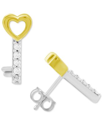 Diamond Lock & Key Mismatch Stud Earrings (1/10 ct. t.w.) in Sterling Silver & 14k Gold-Plate
