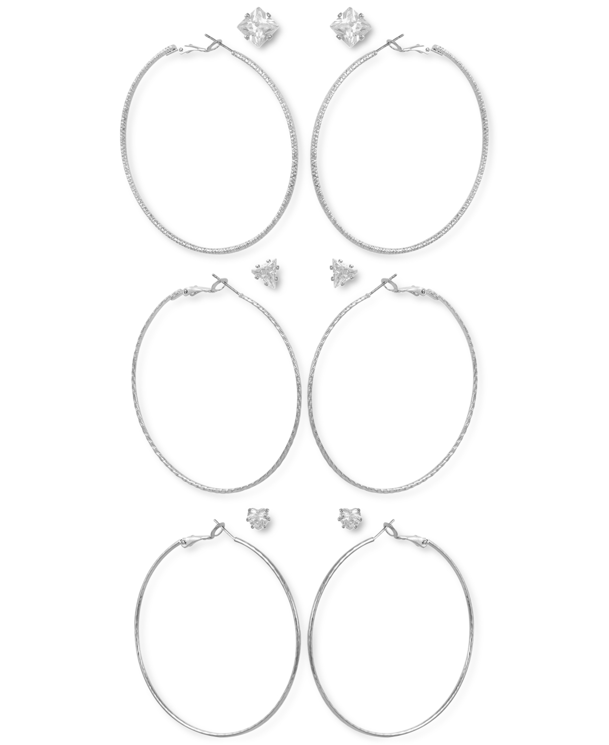 Silver-Tone 6-Pc. Set Mixed Crystal Stud & Textured Hoop Earrings - Silver