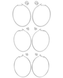 Silver-Tone 6-Pc. Set Mixed Crystal Stud & Textured Hoop Earrings