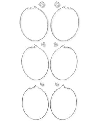 Silver-Tone 6-Pc. Set Mixed Crystal Stud & Textured Hoop Earrings
