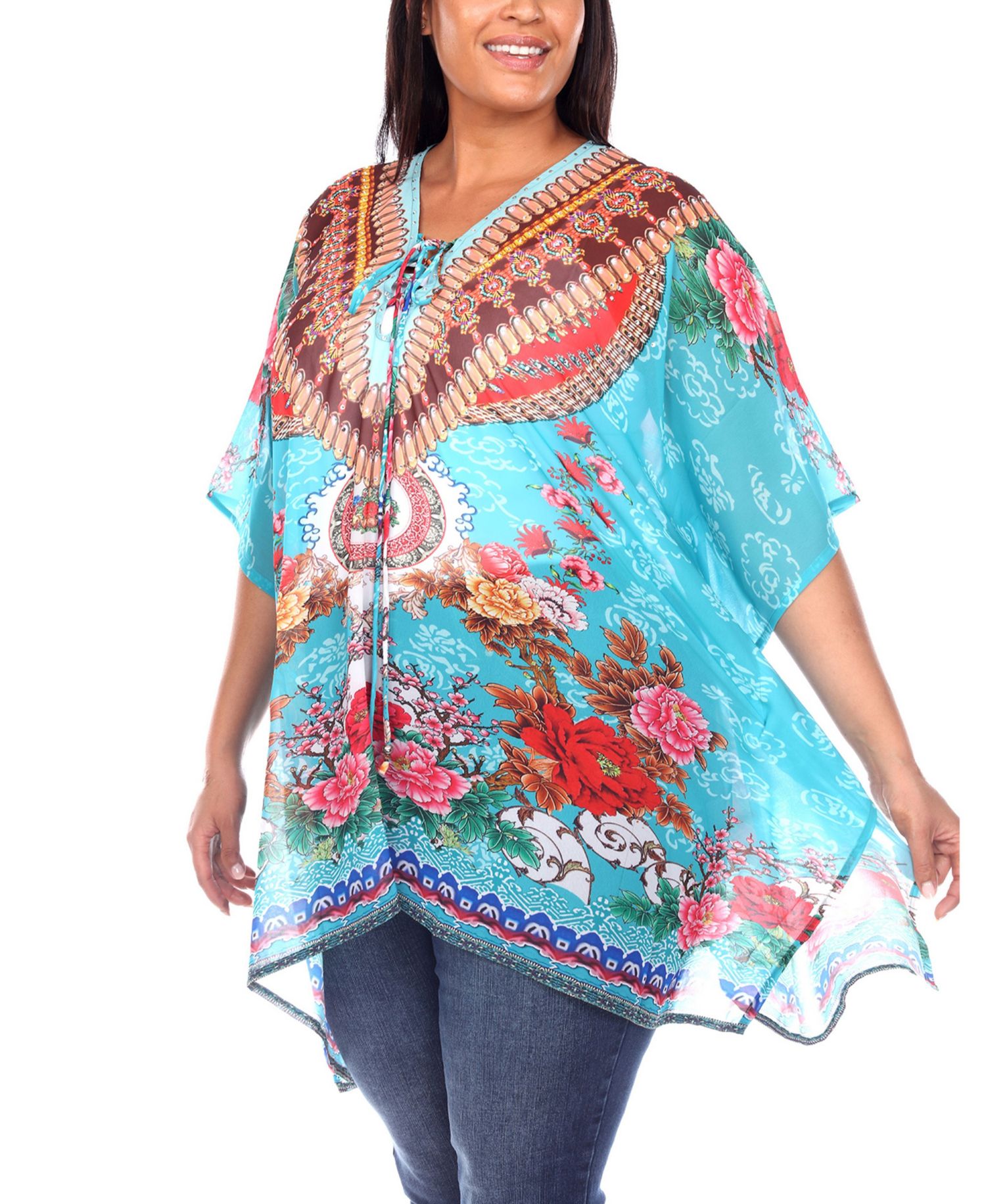 Plus Size Short Caftan with Tie-Up Neckline