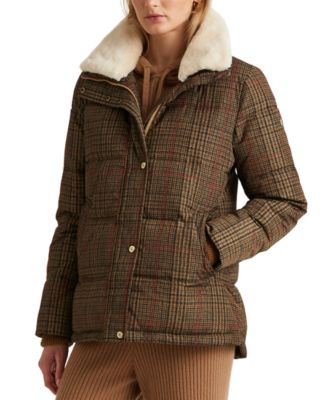 Faux Fur-Collar Plaid Puffer Coat