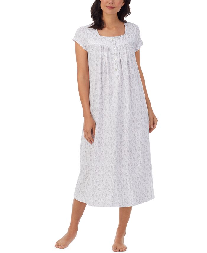 Eileen West Cotton Printed Cap-Sleeve Long Nightgown - Macy's
