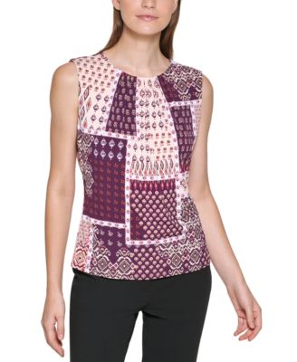 Calvin Klein - Patchwork Print Sleeveless Pleat Neck Top