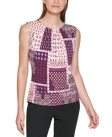 Patchwork Print Sleeveless Pleat Neck Top