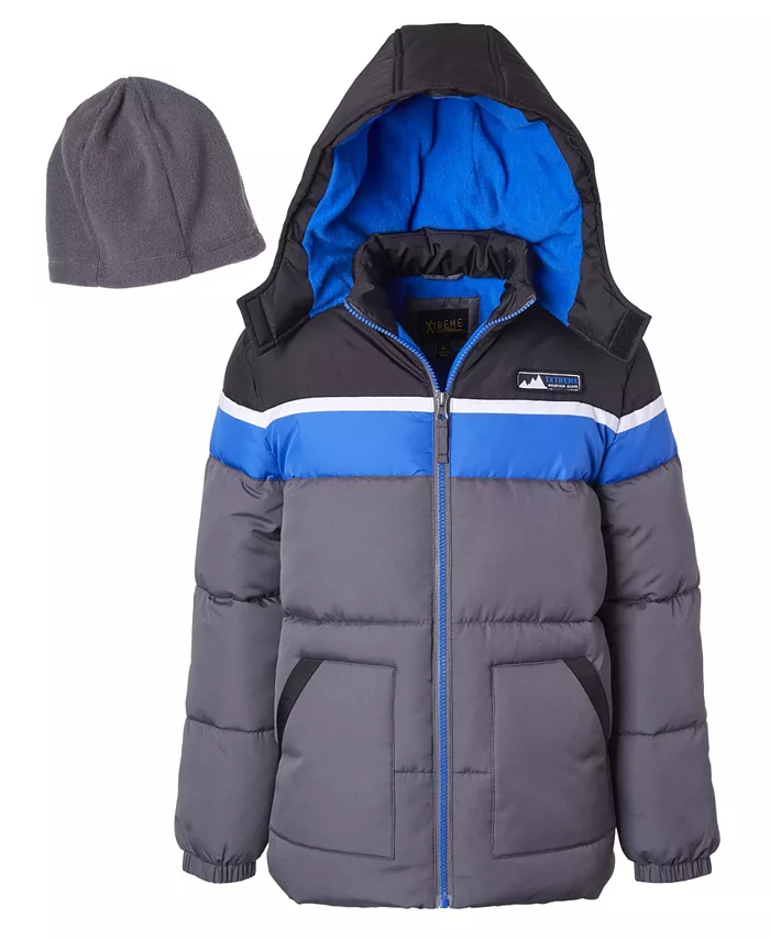 2-Piece Xtreme Little Boys Color Blocked Puffer Jacket with Fleece Hat Set (Charcoal)