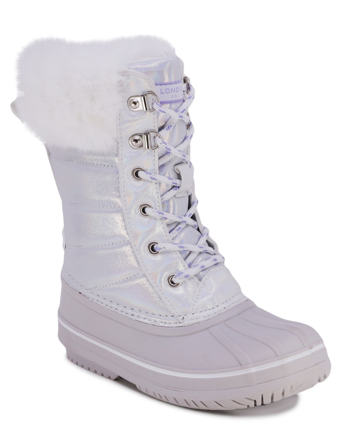 London Fog Kids' Big Girls Ely Faux Fur Iridescent Warm Boot In Silver