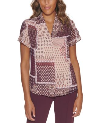 Calvin Klein - Petite Mixed Media Tulip-Sleeve Blouse