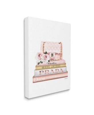 Pink Purse Gold-Tone Bookstack Glam Fashion Watercolor Design Stretched Canvas Wall Art, 16" x 20"