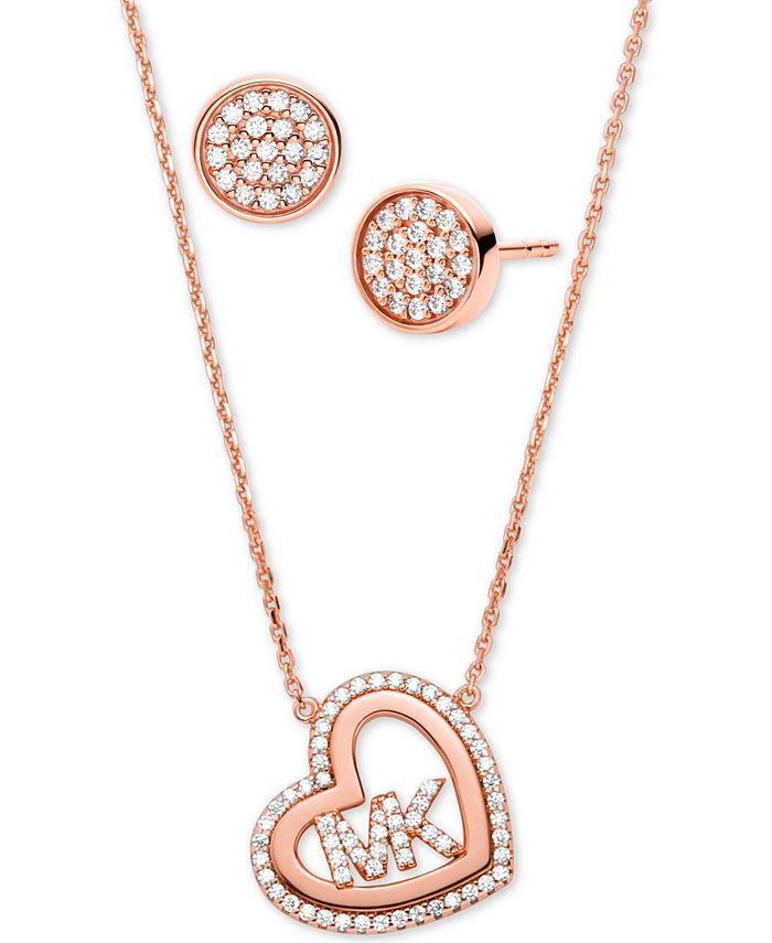 Michael Kors Rose Gold-Tone Pave Earrings & Heart Pendant Necklace Set, 16