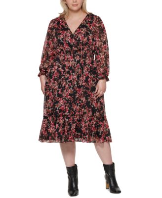 jessica howard balloon sleeve ruffle hem faux wrap midi dress
