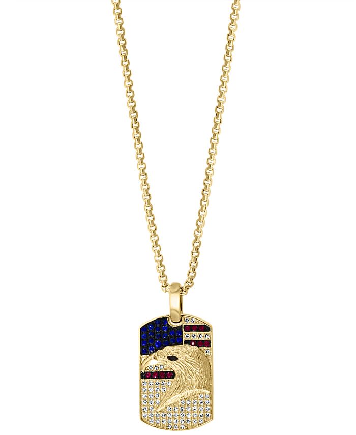 EFFY Collection - Men's Diamond (1/3 ct. t.w.), Ruby (1/10 ct. t.w.) & Sapphire (1/5 ct. t.w.) Eagle Dog Tag 22" Pendant Necklace in 14k Gold