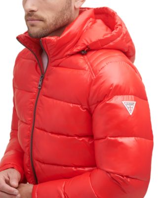 guess men's hooded puffer coat red