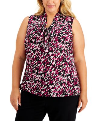Kasper - Plus Size Printed Tie Neck Blouse