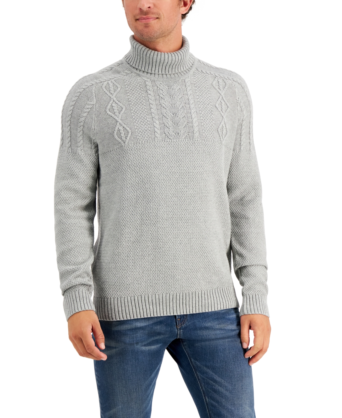 Men's Chunky Cable Knit Turtleneck Sweater, Created for Macy's - Soft Grey Heather