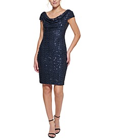 Draped-Neck Sequinned Bodycon Dress 