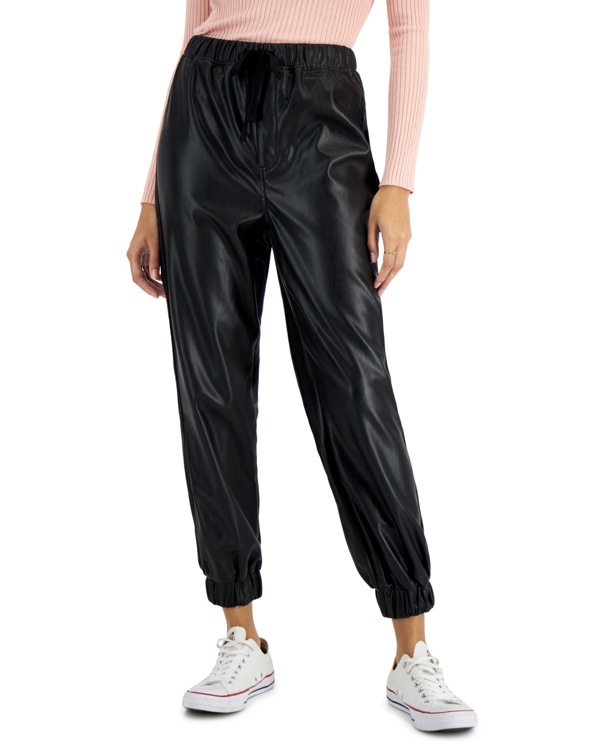 Juniors' Faux-Leather Jogger Pants, Created for Macy's - Black