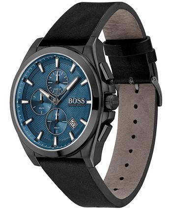 BOSS - Men's Chronograph Grandmaster Black Leather Strap Watch 46mm