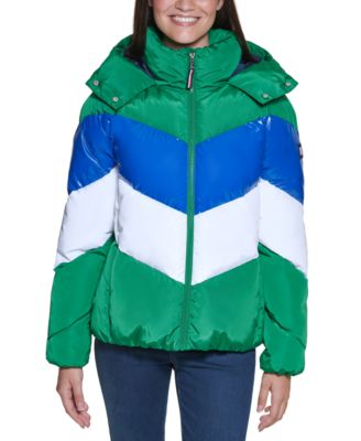 blue and white puffer jacket