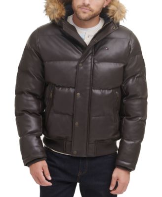 Men's Faux Leather Quilted Snorkel Hooded Bomber Jacket with Faux Fur Hood