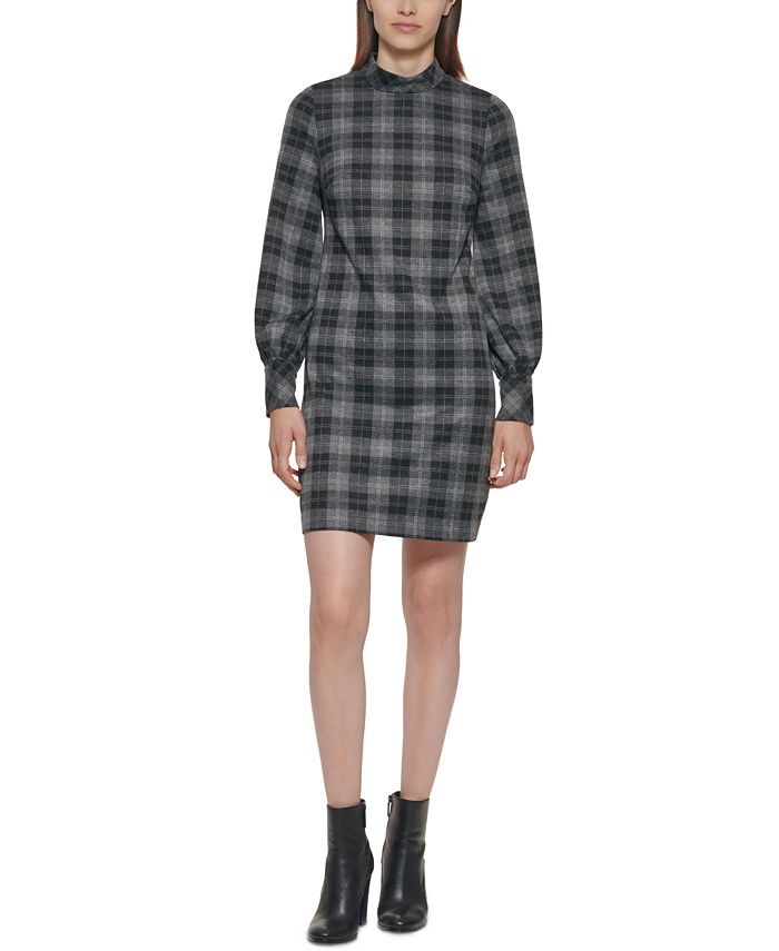 Calvin Klein Plaid Ponte Mock-Neck Dress - Macy's