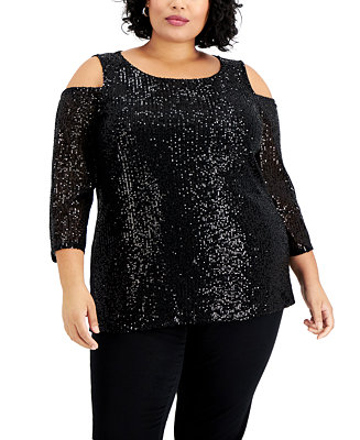 JM Collection Plus Size Sequin Cold-Shoulder Top, Created for Macy's ...