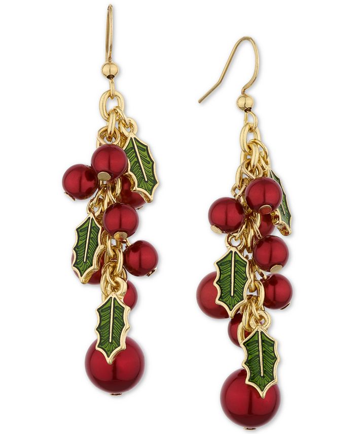Holiday Lane Gold Tone Red Green Holly Shaky Drop Earrings