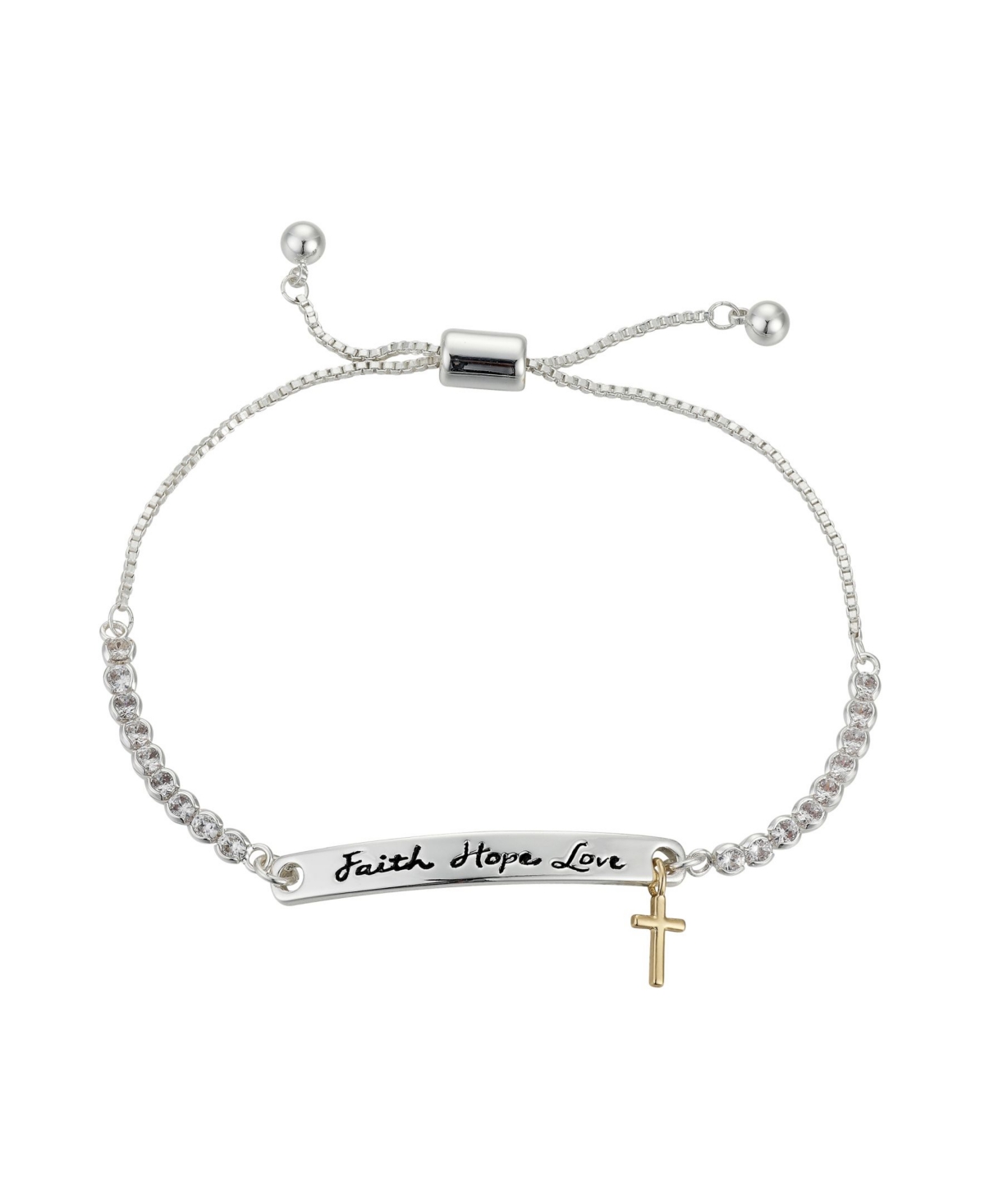 Unwritten Cubic Zirconia Faith Hope Love Cross Bolo Bracelet In Sterling Silver-plate & Gold-tone-plate