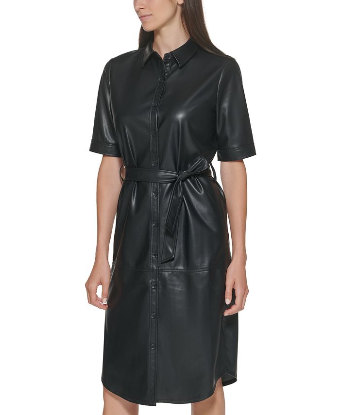 Calvin Klein Belted Faux-Leather Shirtdress & Reviews - Dresses - Women ...