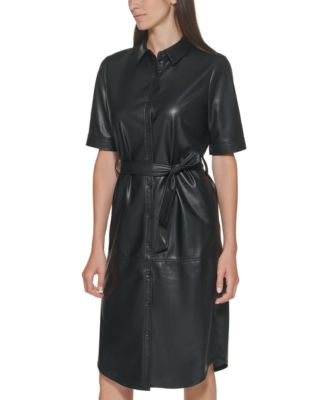 Calvin Klein Belted Faux-Leather Shirtdress - Macy's