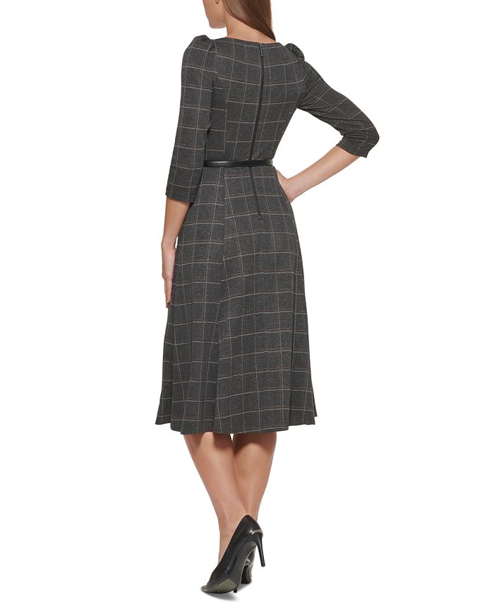 Calvin Klein Plaid Puff-Sleeve Belted Midi Dress - Macy's