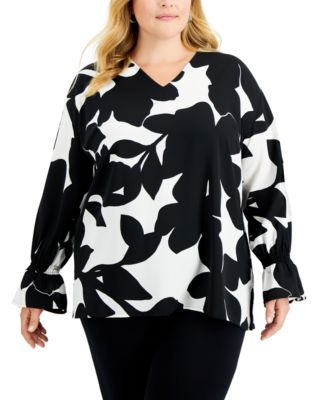Alfani - Plus Size Printed Smocked-Cuff Tunic