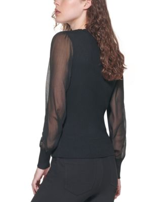 DKNY Sheer-Sleeved Mixed-Media Sweater