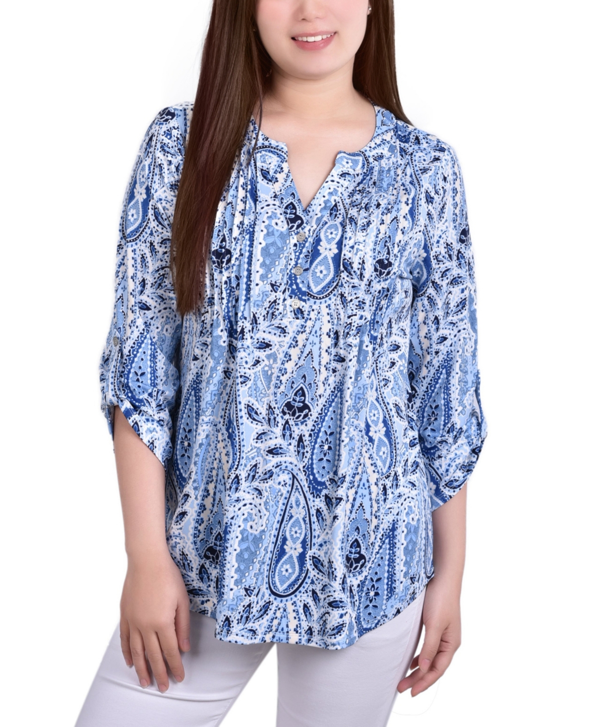 Women's Knit Jacquard 3/4 Sleeve Roll Tab Top - Peacock Blue Tie Dye