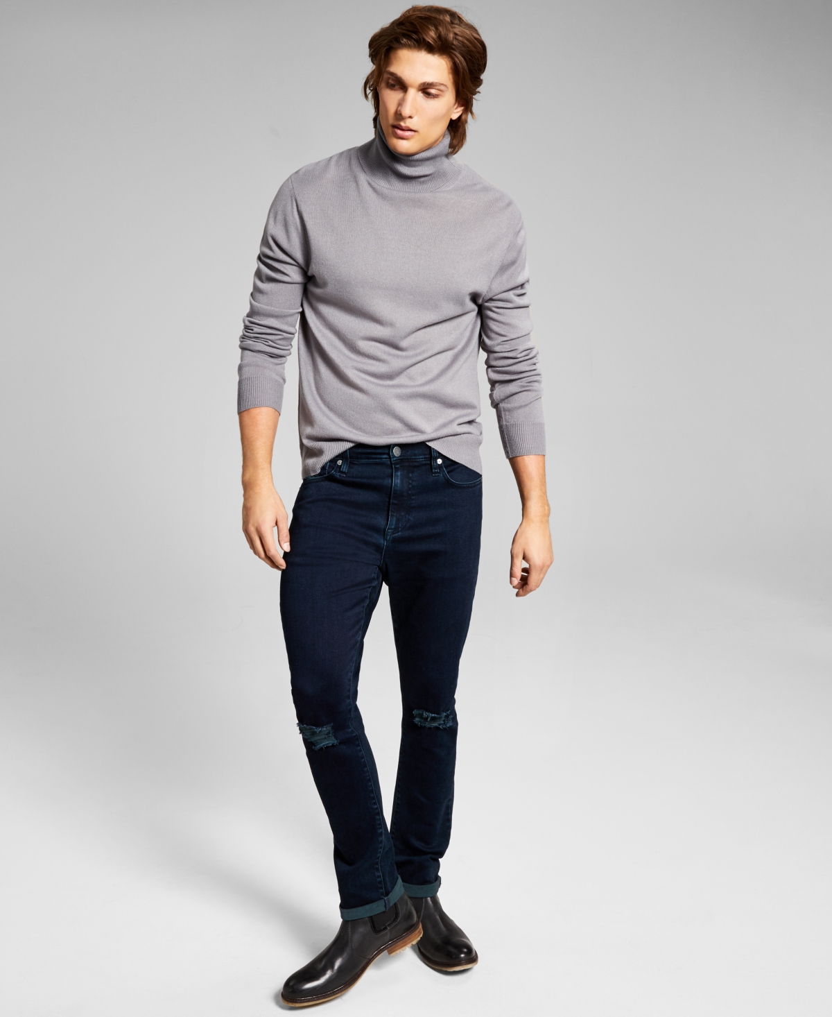 Men's Solid Turtleneck Sweater - Grey